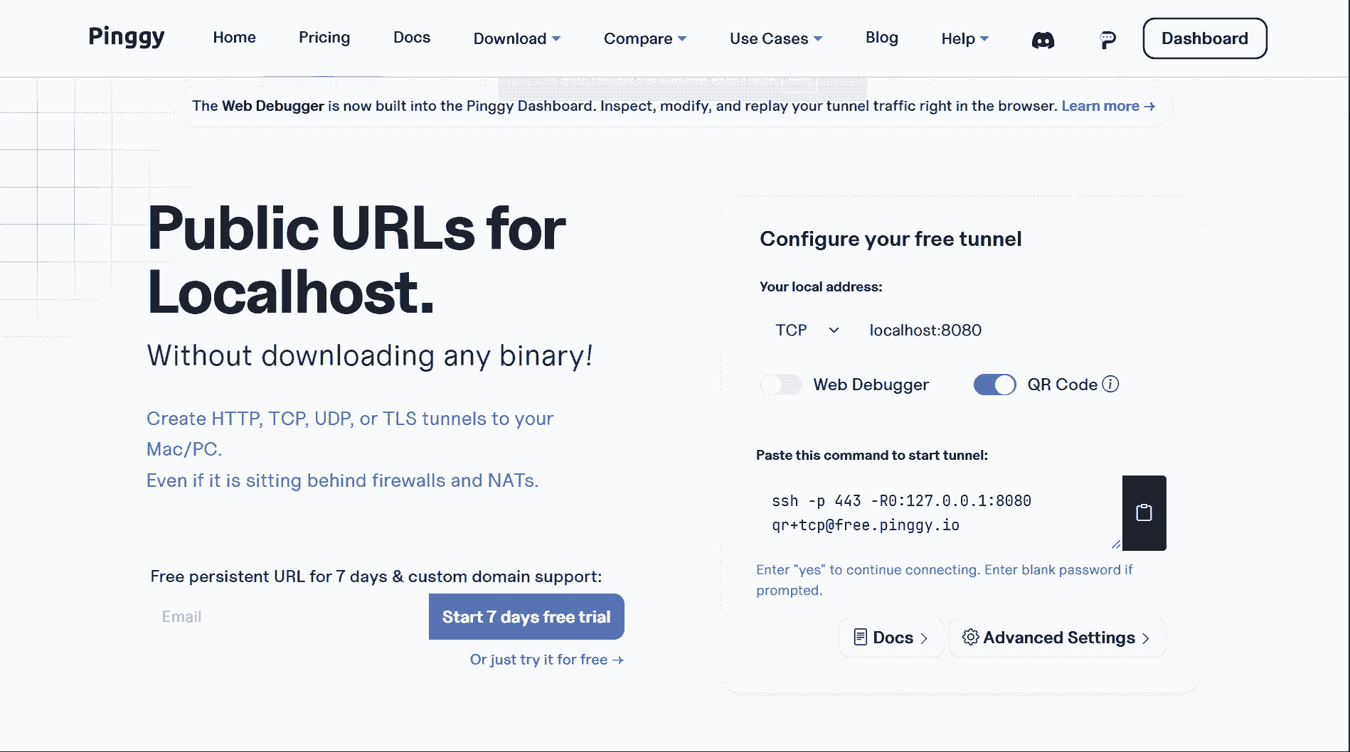 Screenshot of the Pinggy website, an SSH-based localhost tunnel service