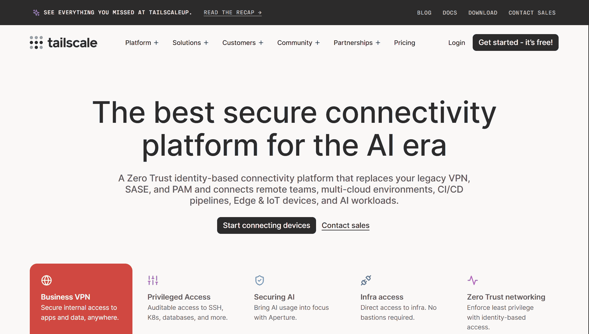 Screenshot of the Tailscale website, a WireGuard-based mesh VPN