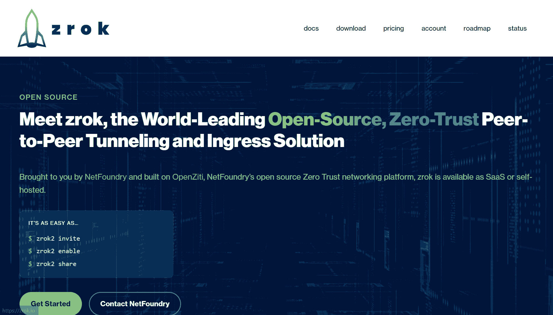Screenshot of the zrok website, an open-source zero-trust sharing tool built on OpenZiti