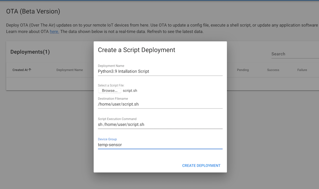 Remote Job Automation script file deployment form